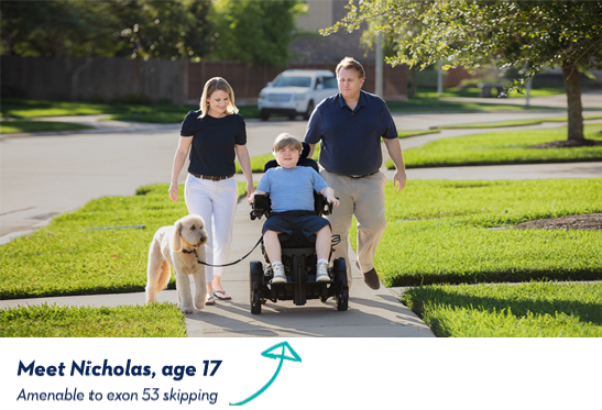 Nicholas, age 17 Amenable to exon 53 skipping – with his family and dog